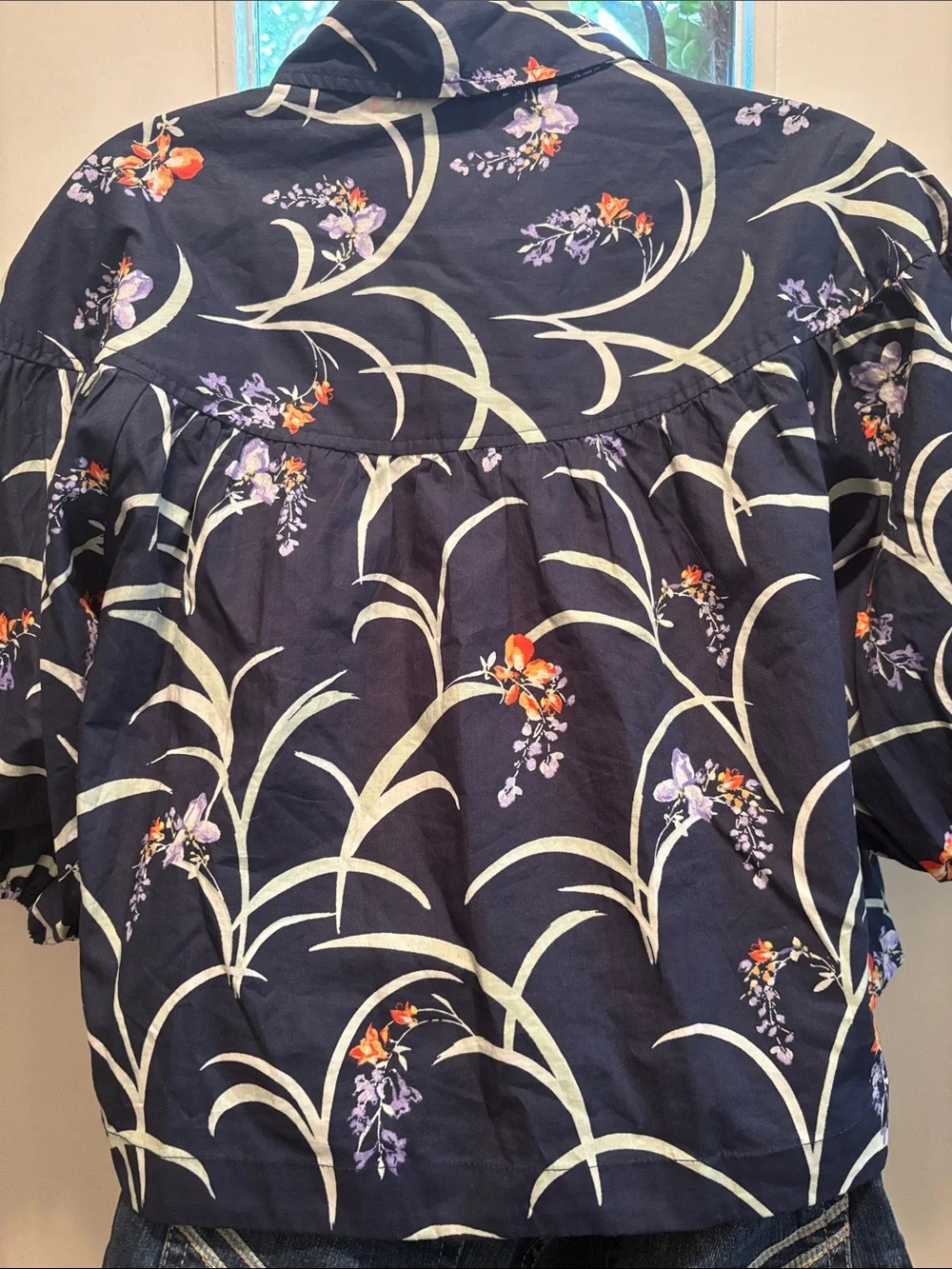 Maeve by Anthropologie XS Navy Floral Button-Front Puff Sleeve Blouse